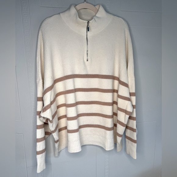 Mango Striped Cropped Chunky Knit Roll Neck 1/4 Zip Cream Camel Plus 2X EUC - Picture 7 of 13